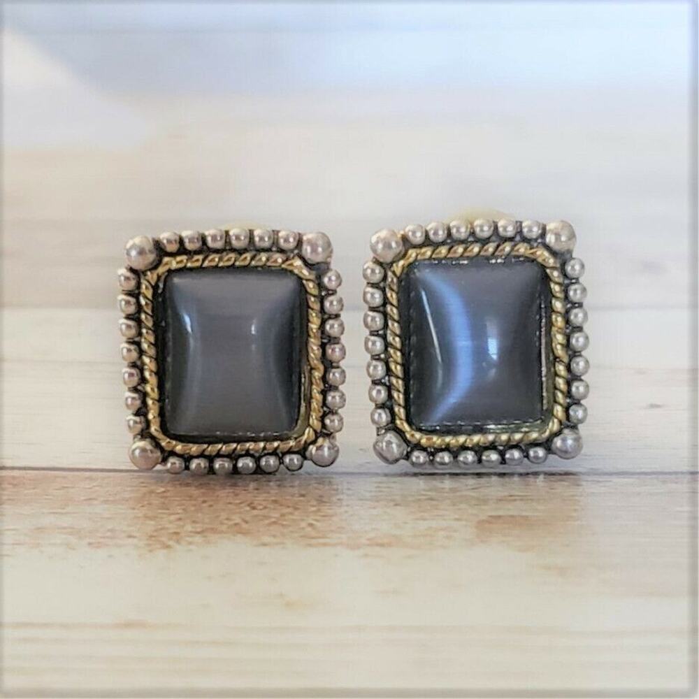 Vintage Clip On Earrings Dark Center with Gold Tone & Silver Tone Halo